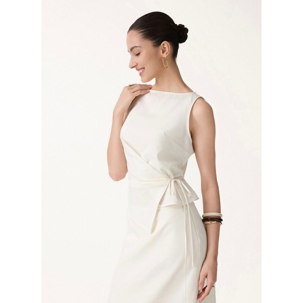 OGL Linen 2Pcs Boatneck Waist-Defined Top & Maxi Flared Skirt Small - Picture 5 of 13